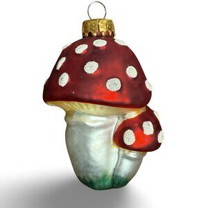 Vintage UT Glass Mushroom Christmas Ornament Red White Glitter‎ Retro Toadstool